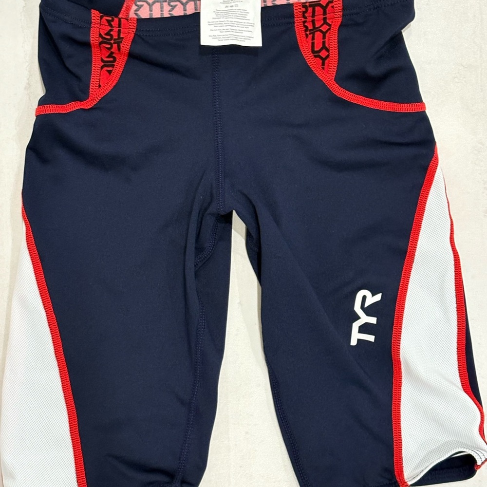 TYR Men's Athletic Shorts in Navy with Red and White Trim